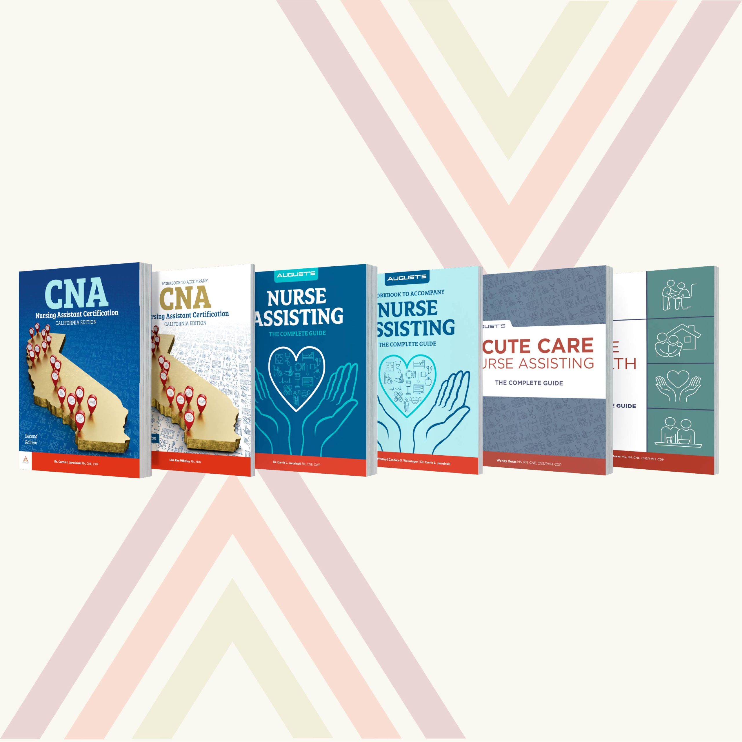Image of all August Learning Solutions healthcare textbooks.